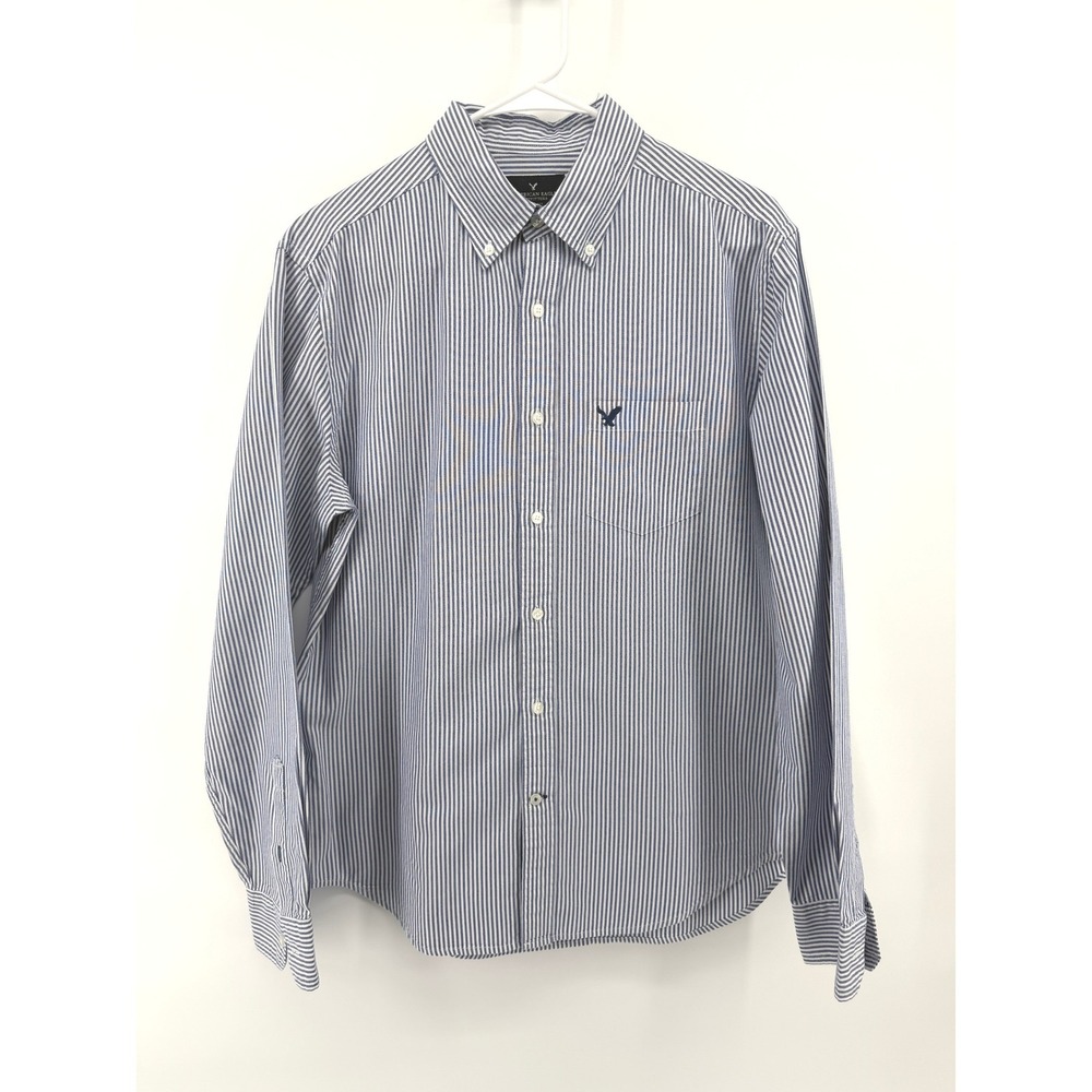 American Eagle Mens Medium Classic Fit Striped Button Down Shirt Blue‎ White EUC
